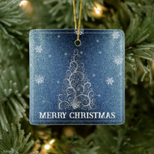 Weihnachtsbaum Glitzer und Schneeflocken   Blau Keramikornament
