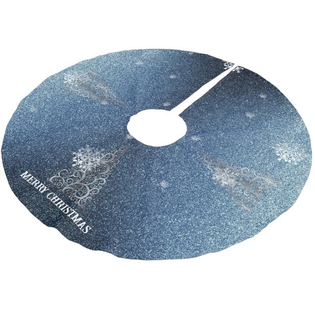 Weihnachtsbaum Glitzer und Schneeflocken | Blau Polyester Weihnachtsbaumdecke (Schrägansicht)