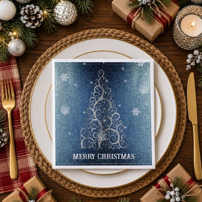 Weihnachtsbaum Glitzer und Schneeflocken | Blau Serviette (Blue Christmas Tree Glitter and Snowflakes Napkins)