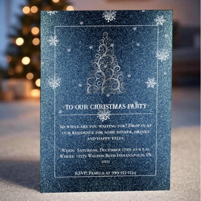 Weihnachtsbaum Glitzer und Schneeflocken | Blaues  Einladung (Blue Christmas Tree Glitter and Snowflakes Party Invitation)
