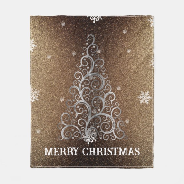 Weihnachtsbaum Glitzer und Schneeflocken | Gold Fleecedecke (Vorderseite)