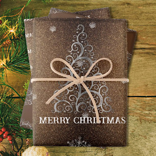 Weihnachtsbaum Glitzer und Schneeflocken Gold Geschenkpapier Set