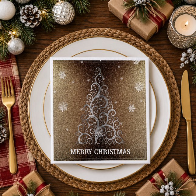 Weihnachtsbaum Glitzer und Schneeflocken | Gold Serviette (Gold Christmas Tree Glitter and Snowflakes Napkins)