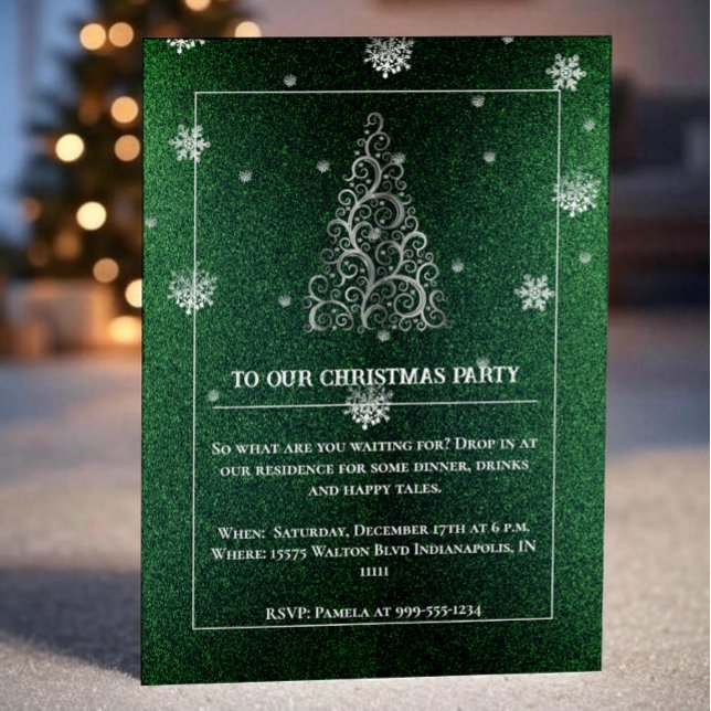 Weihnachtsbaum Glitzer und Schneeflocken | Grün Einladung (Green Christmas Tree Glitter and Snowflakes Party Invitation)