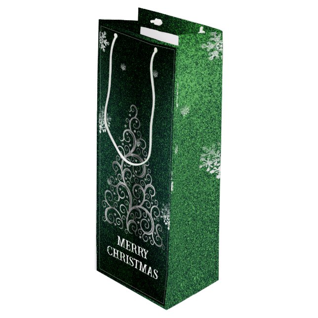Weihnachtsbaum Glitzer und Schneeflocken | Grün Geschenktüte Für Weinflaschen (Vorderseite Schrägansicht)