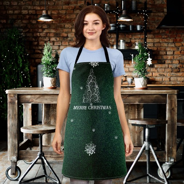 Weihnachtsbaum Glitzer und Schneeflocken | Grün Schürze (Green Christmas Tree Glitter and Snowflakes Apron)
