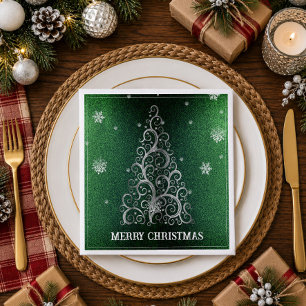 Weihnachtsbaum Glitzer und Schneeflocken Grün Serviette