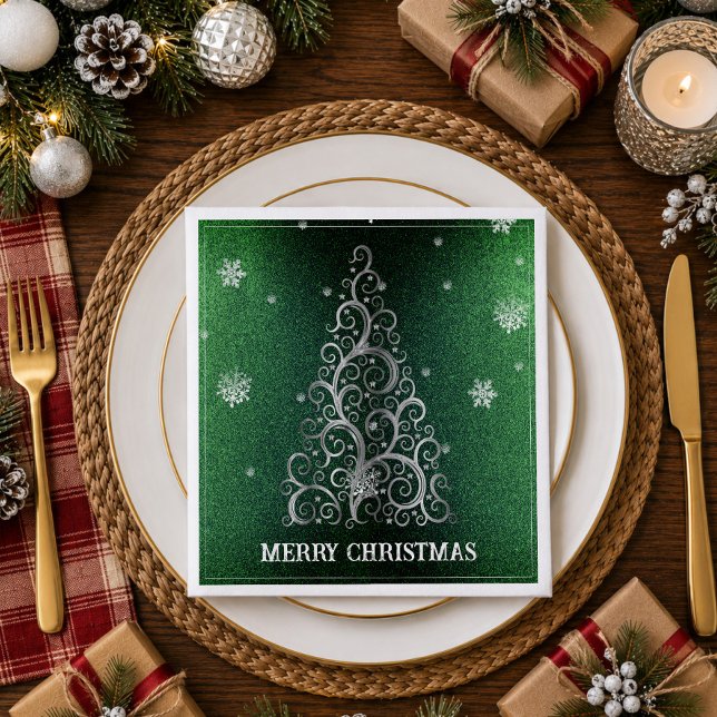Weihnachtsbaum Glitzer und Schneeflocken | Grün Serviette (Green Christmas Tree Glitter and Snowflakes Napkins)