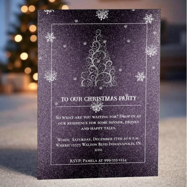 Weihnachtsbaum Glitzer und Schneeflocken | LILA Einladung (Purple Christmas Tree Glitter and Snowflakes Party Invitation)