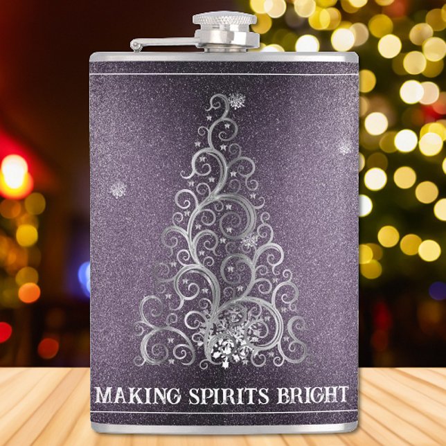 Weihnachtsbaum Glitzer und Schneeflocken | LILA Flachmann (Purple Christmas Tree Glitter and Snowflakes Flask)