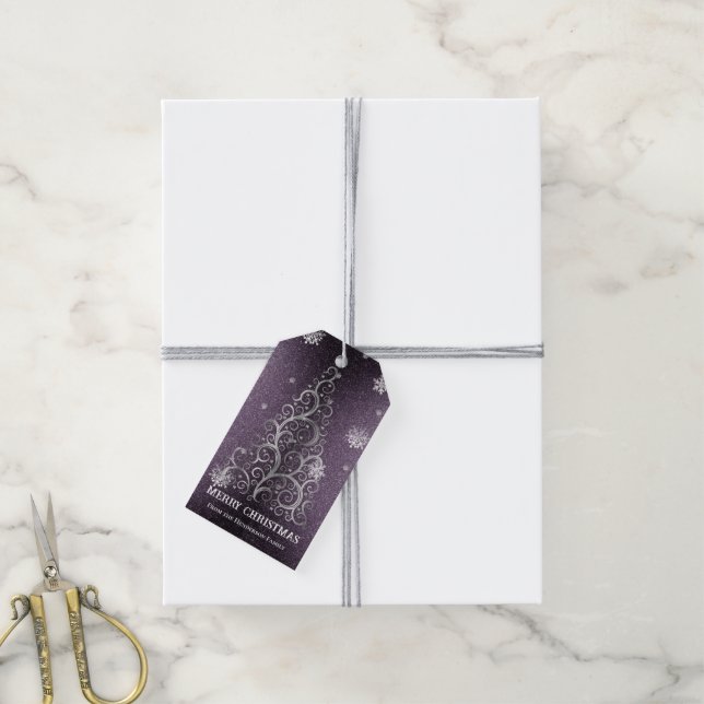 Weihnachtsbaum Glitzer und Schneeflocken | LILA Geschenkanhänger (Mit Garn)