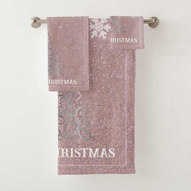 Weihnachtsbaum Glitzer und Schneeflocken | Rosa Badhandtuch Set (Insitu)