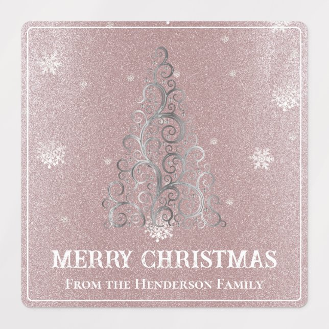 Weihnachtsbaum Glitzer und Schneeflocken | Rosa Etiketten (Design 1)