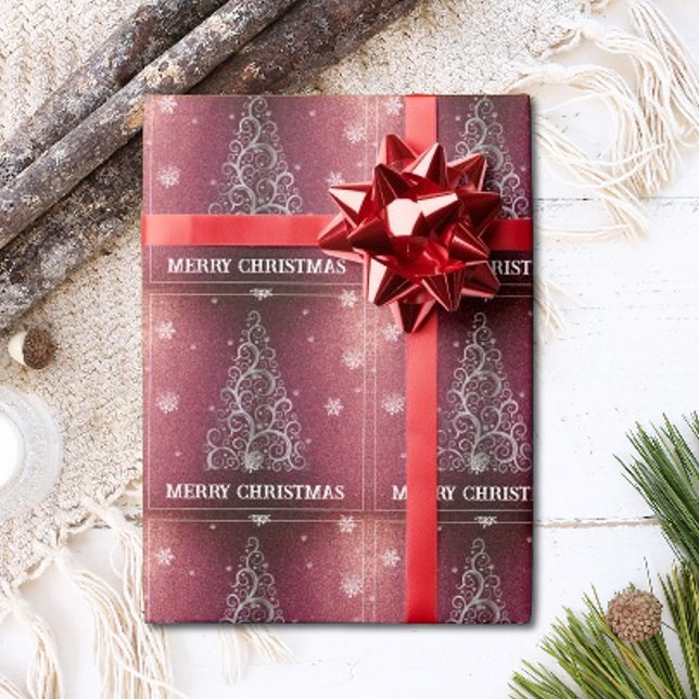 Weihnachtsbaum Glitzer und Schneeflocken | Rot Geschenkpapier (Red Christmas Tree Glitter and Snowflakes Wrapping Paper)