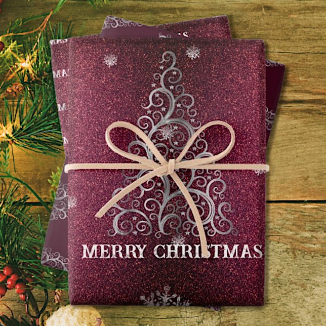 Weihnachtsbaum Glitzer und Schneeflocken | Rot Geschenkpapier Set (Red Christmas Tree Glitter and Snowflakes Wrapping Paper Sheets)