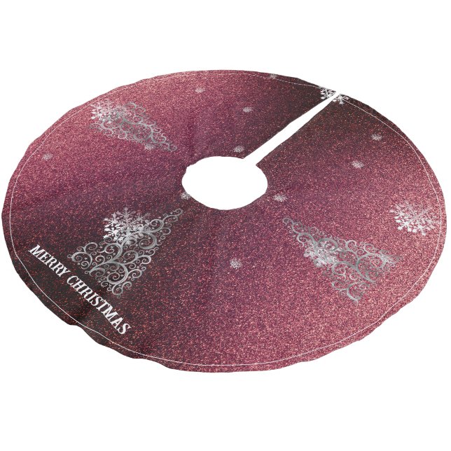 Weihnachtsbaum Glitzer und Schneeflocken | Rot Polyester Weihnachtsbaumdecke (Schrägansicht)