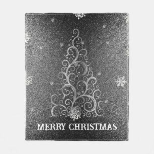 Weihnachtsbaum Glitzer und Schneeflocken   Silber Fleecedecke