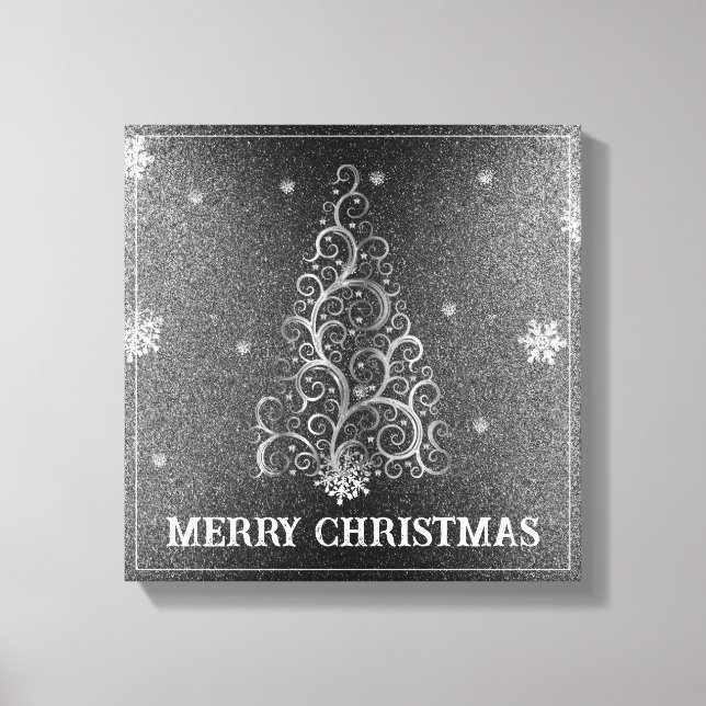Weihnachtsbaum Glitzer und Schneeflocken | Silber Leinwanddruck (Vorderseite)