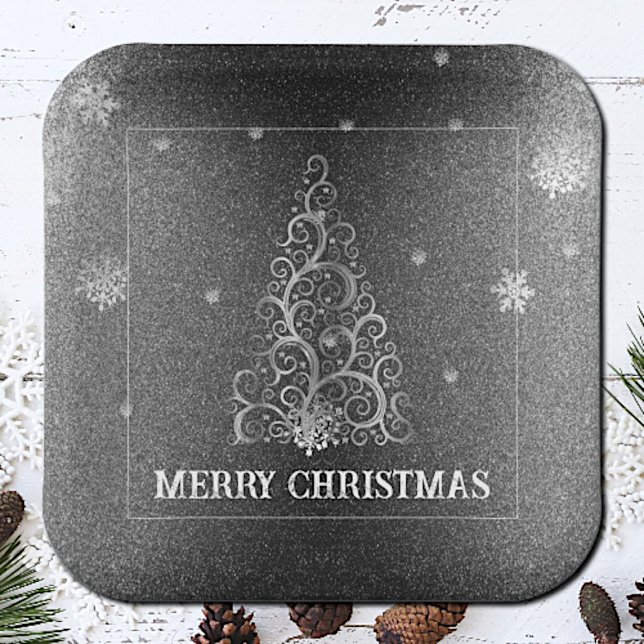 Weihnachtsbaum Glitzer und Schneeflocken | Silber Pappteller (Silver Christmas Tree Glitter and Snowflakes Paper Plates)