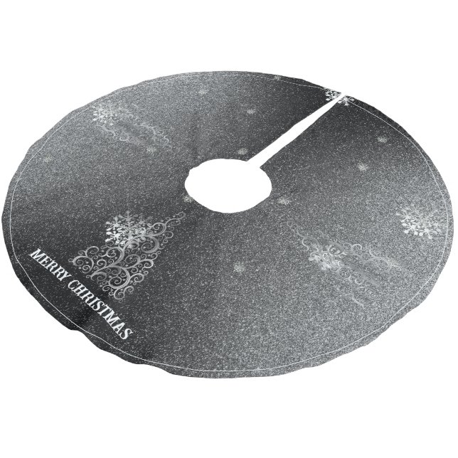 Weihnachtsbaum Glitzer und Schneeflocken | Silber Polyester Weihnachtsbaumdecke (Schrägansicht)