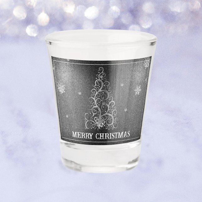 Weihnachtsbaum Glitzer und Schneeflocken | Silber Schnapsglas (Silver Christmas Tree Glitter and Snowflakes Shot Glass)