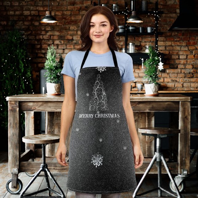 Weihnachtsbaum Glitzer und Schneeflocken | Silber Schürze (Silver Christmas Tree Glitter and Snowflakes Apron)