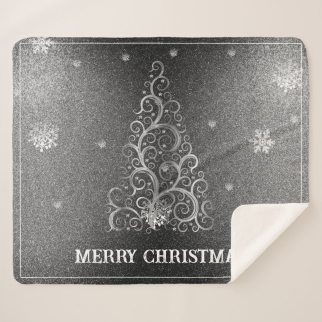 Weihnachtsbaum Glitzer und Schneeflocken | Silber Sherpadecke (Vorderseite (Horizontal))