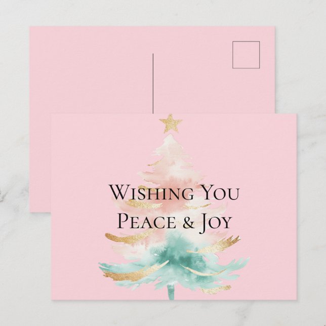 Weihnachtsbaum Gold Blush Pink Mint Peace Joy Postkarte (Vorne/Hinten)