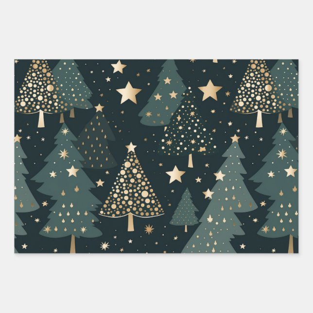 Weihnachtsbaum Gold Grüne Muster Dekoration Geschenkpapier Set (Vorderseite)