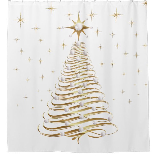 Weihnachtsbaum Gold & Perlen auf Weiß Duschvorhang (Vorderseite)