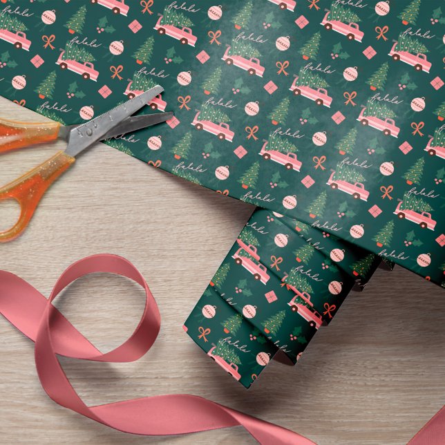 Weihnachtsbaum Green Vintag Retro Van Geschenkpapier (Festive Christmas Tree Green Vintage Retro Van Wrapping Paper)