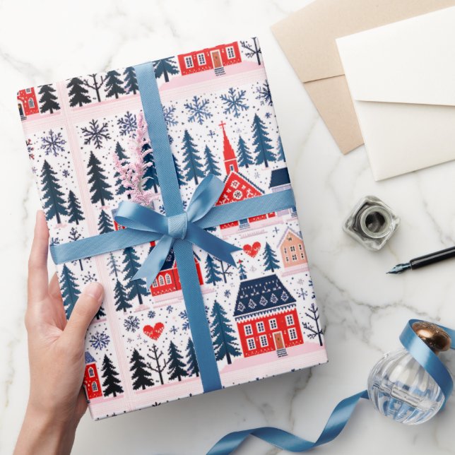 Weihnachtsbaum Haus Schneeflocken Geschenkpapier (Schenken)