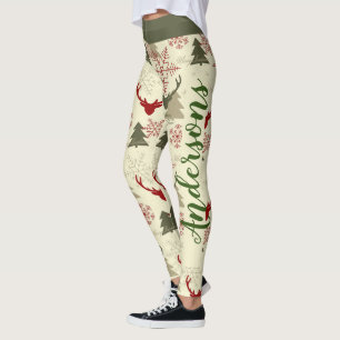 Weihnachtsbaum Hirsch Grün Rot Muster Name Festlic Leggings