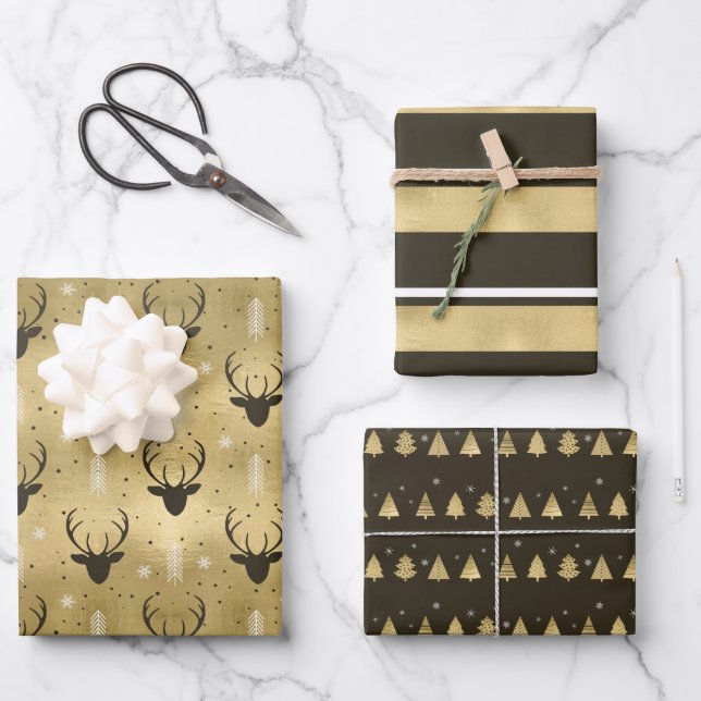 Weihnachtsbaum Hirschgewächse Gold/Br ID864 Geschenkpapier Set (Vorderseite)