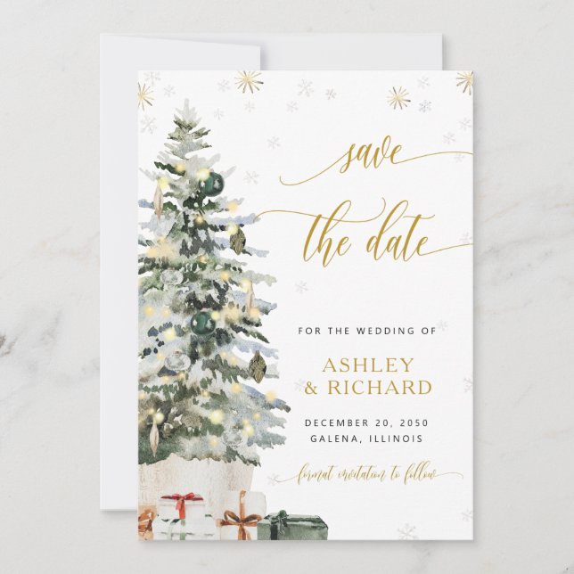 Weihnachtsbaum-Hochzeit Save The Date (Vorderseite)