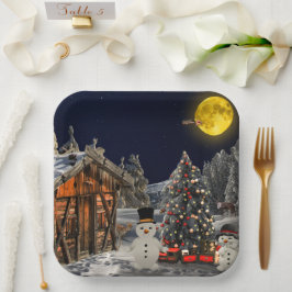 Weihnachtsbaum Holz Hütte Schneemann Vollmond Pappteller