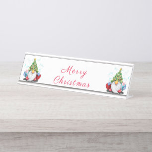 Weihnachtsbaum-Hut-Gnome mit Geschenktafel-Namenss Schreibtischnamensplakette