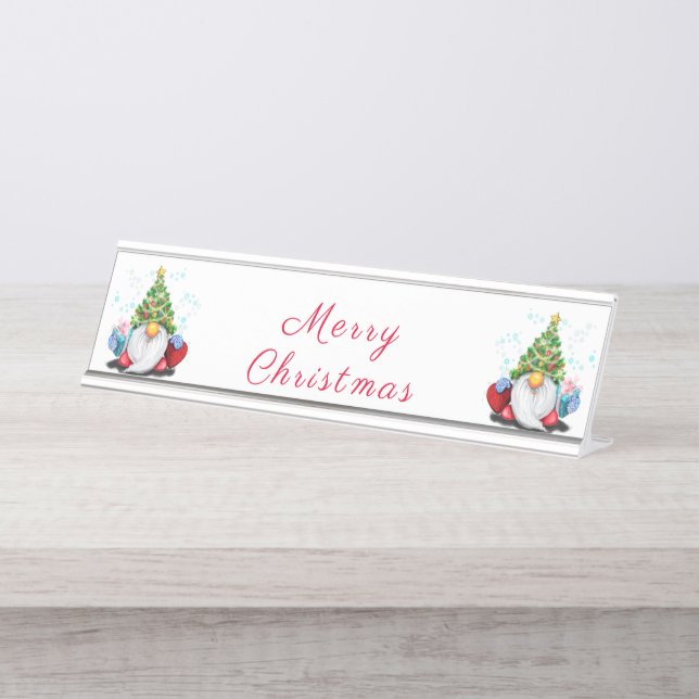 Weihnachtsbaum-Hut-Gnome mit Geschenktafel-Namenss Schreibtischnamensplakette (Vorderseite )