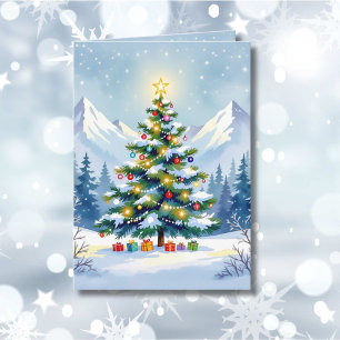 Weihnachtsbaum im Foto der Berge Feiertagskarte