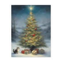 Weihnachtsbaum im Freien mit Kitten und Geschenken