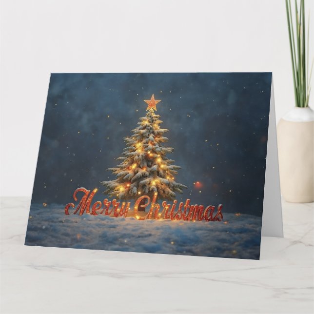 Weihnachtsbaum im Schnee mit warmen Lichtern Karte (Vorderseite)
