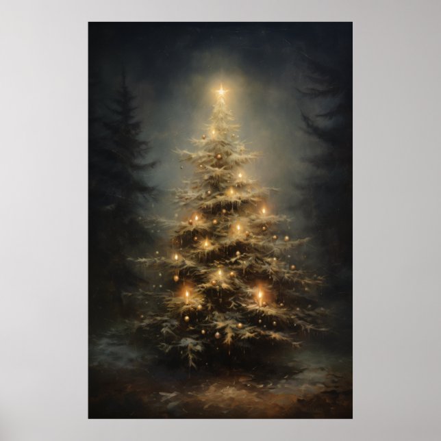 Weihnachtsbaum im Wald nachts dekoriert Poster (Vorne)