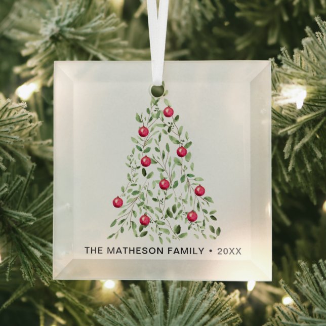 Weihnachtsbaum in Aquarellblättern Personalisiert Ornament Aus Glas (Insitu)