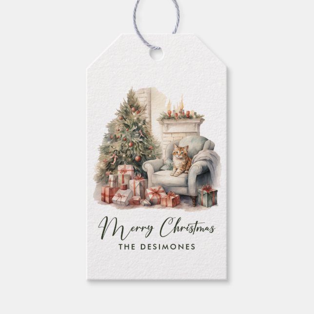 Weihnachtsbaum in Aquarellfarbe präsentiert Feiert Geschenkanhänger (Vorderseite)