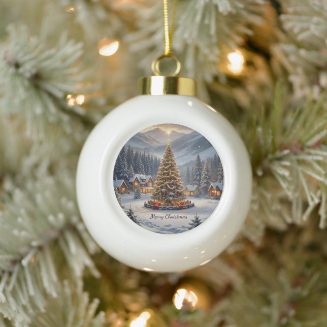Weihnachtsbaum in einem Bergdorf Keramik Kugel-Ornament (Baum)