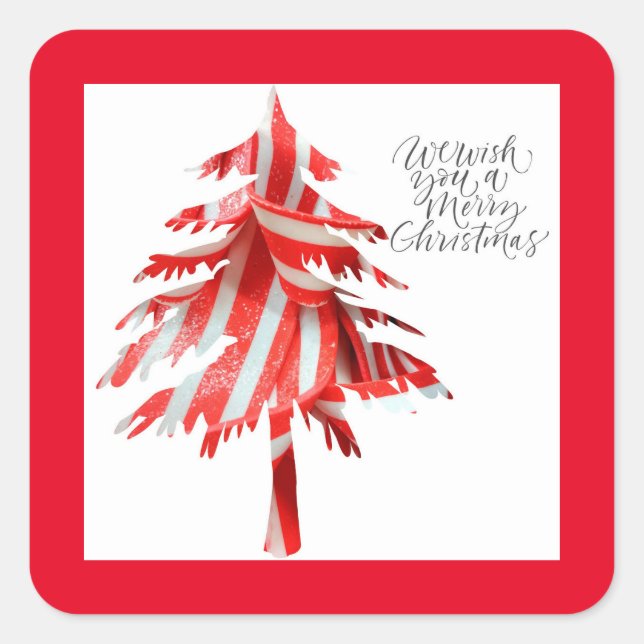 Weihnachtsbaum in Rot und Weiß Quadratischer Aufkleber (Vorderseite)