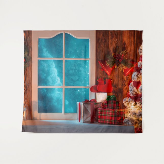 Weihnachtsbaum-Kabinenwinter Weihnachtshintergrund Wandteppich (Vorderseite (Horizontal))