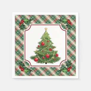 Weihnachtsbaum Kariert mit Stechpalme Serviette