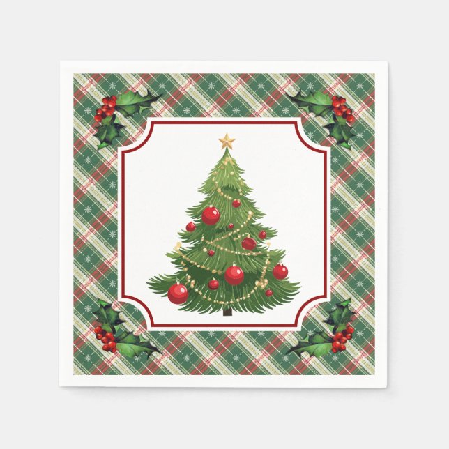 Weihnachtsbaum Kariert mit Stechpalme Serviette (Vorderseite)