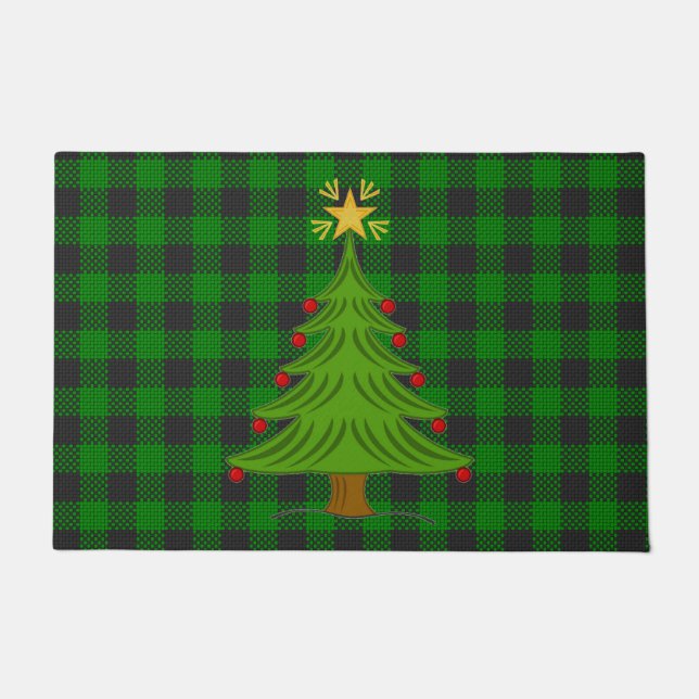 Weihnachtsbaum Karierter Karo Streifen Grün Schwar Fußmatte (Vorderseite)